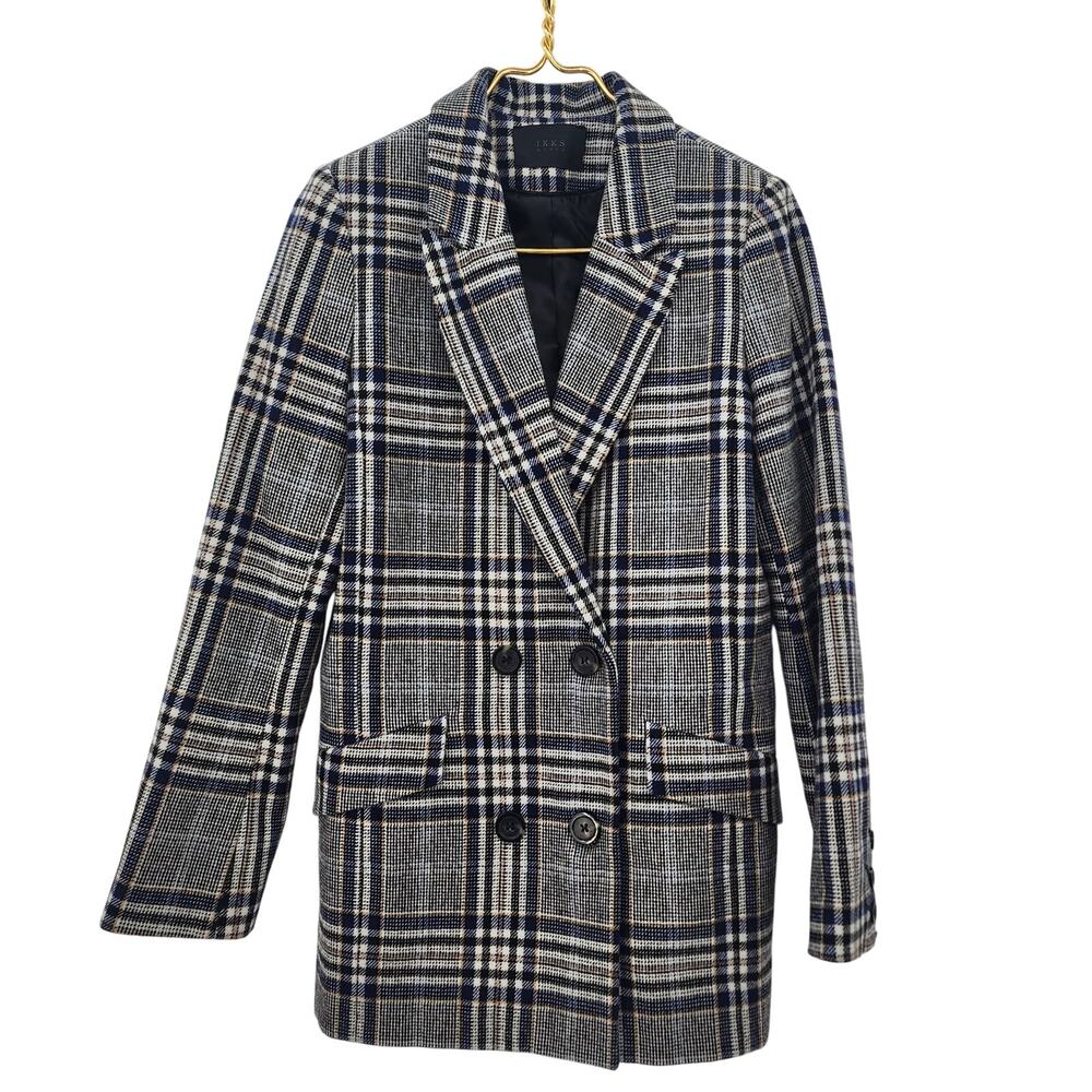 Ikks Women's Plaid Double-Breasted Blazer Wool Size XS Oversized
